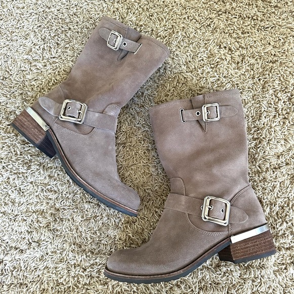 Vince, Camuto, WadeLyn suede moto boot, beige with chrome buckles, and details - Picture 2 of 7